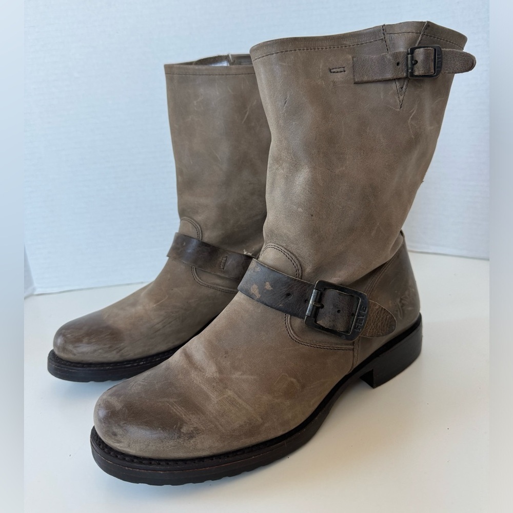 FRYE Leather Moto Biker Engineer Buckle Boots